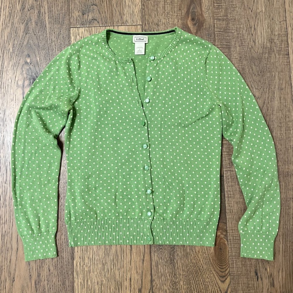Vintage L.L.Bean Women's Green Polka Dot Cardigan Sweater Jumper S Small